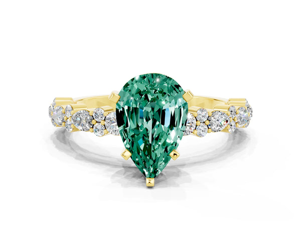 Yellow gold Pear Cut Green Sapphire Side Stone Solitaire Ring with Round  and Four-Prong Setting