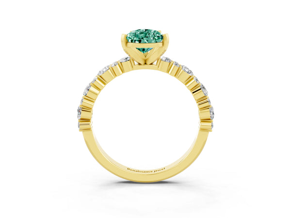 Yellow gold Pear Cut Green Sapphire Side Stone Solitaire Ring with Round  and Four-Prong Setting