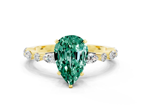 Yellow gold Pear Cut Green Sapphire Ring with Marquise and Round  Side Stones and Four-Prong Setting