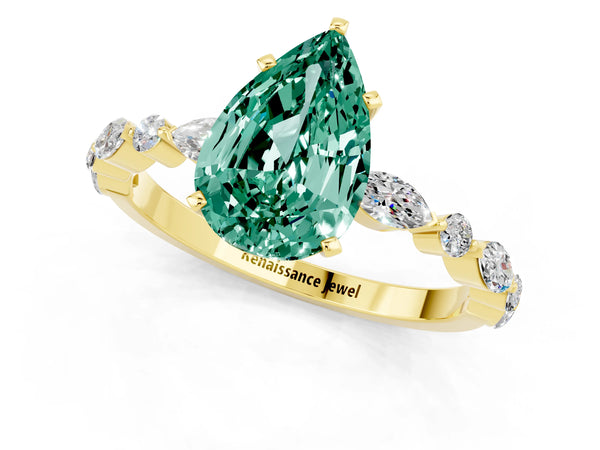 Yellow gold Pear Cut Green Sapphire Ring with Marquise and Round  Side Stones and Four-Prong Setting