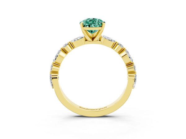 Yellow gold Pear Cut Green Sapphire Ring with Marquise and Round  Side Stones and Four-Prong Setting