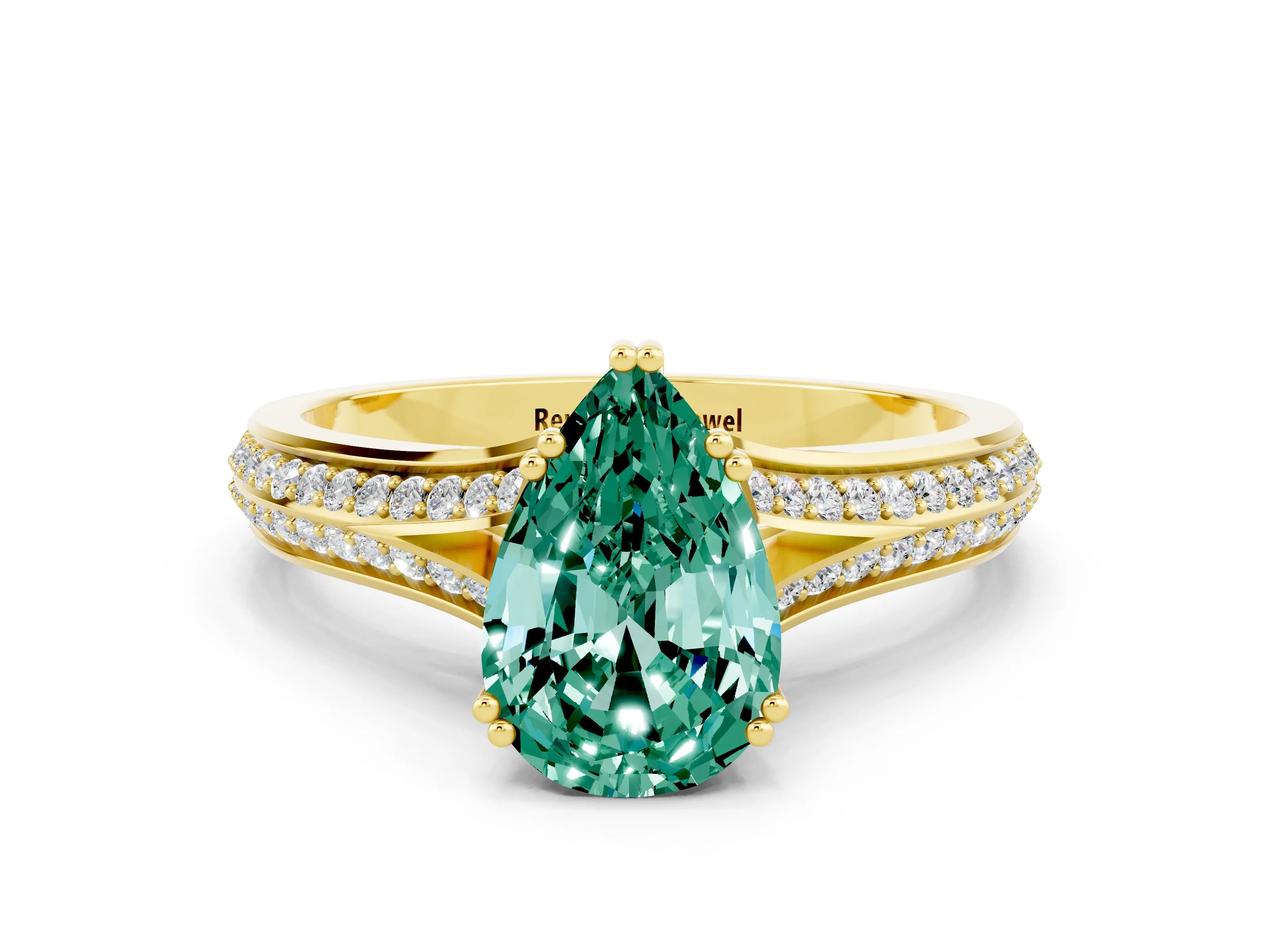 Yellow gold Pear Cut Green Sapphire Split Shank Engagement Ring with Pavé Band