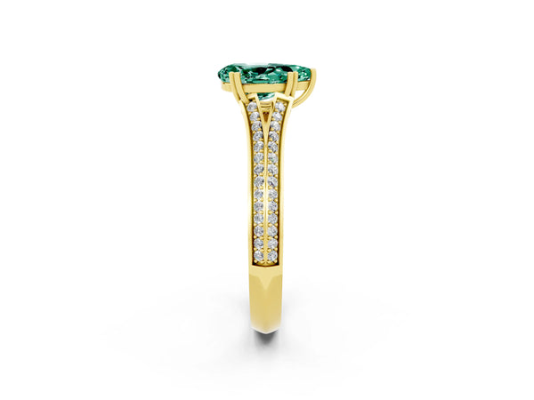 Yellow gold Pear Cut Green Sapphire Split Shank Engagement Ring with Pavé Band