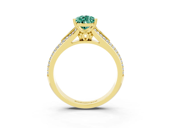 Yellow gold Pear Cut Green Sapphire Split Shank Engagement Ring with Pavé Band