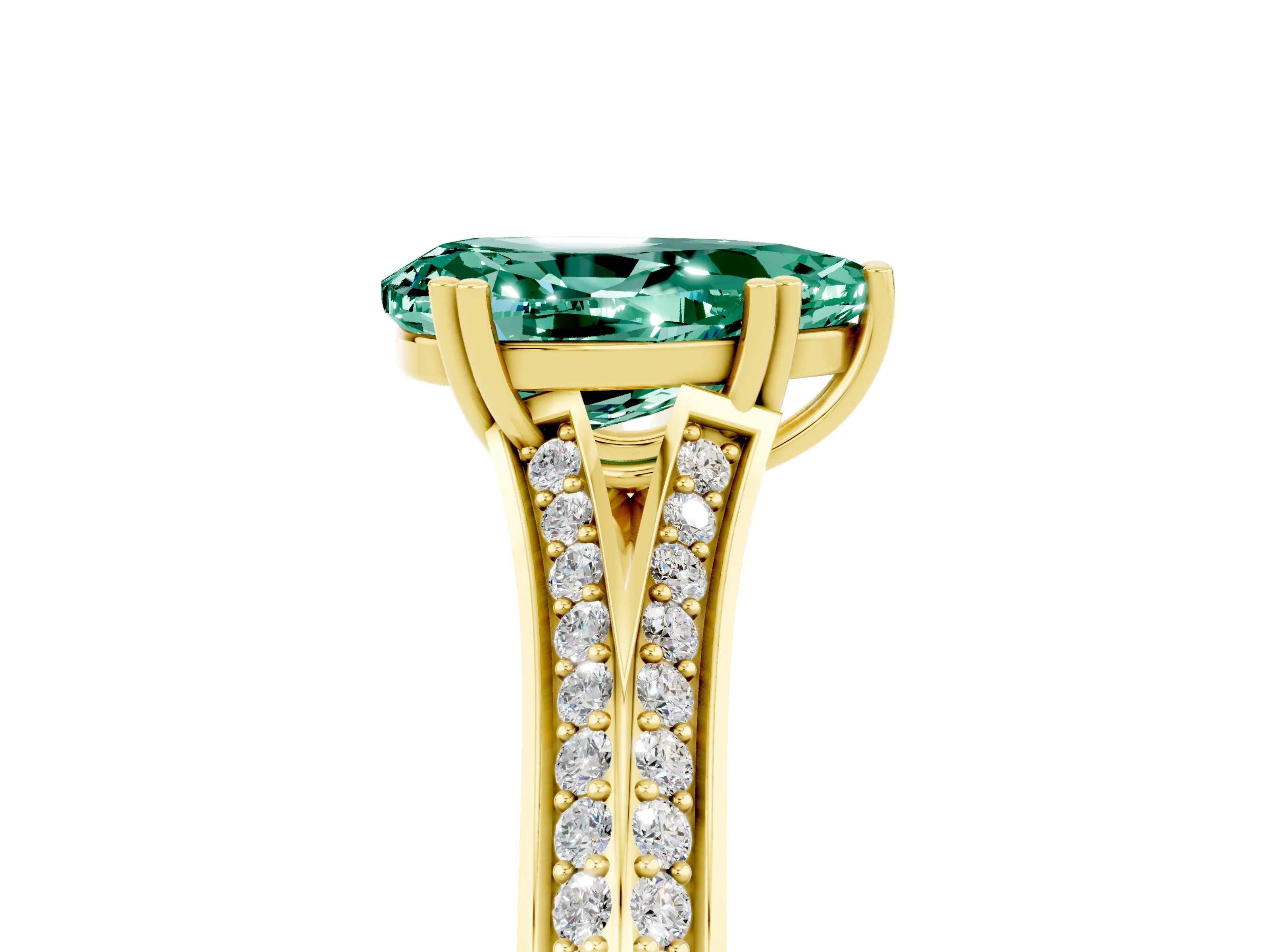 Yellow gold Pear Cut Green Sapphire Split Shank Engagement Ring with Pavé Band_5