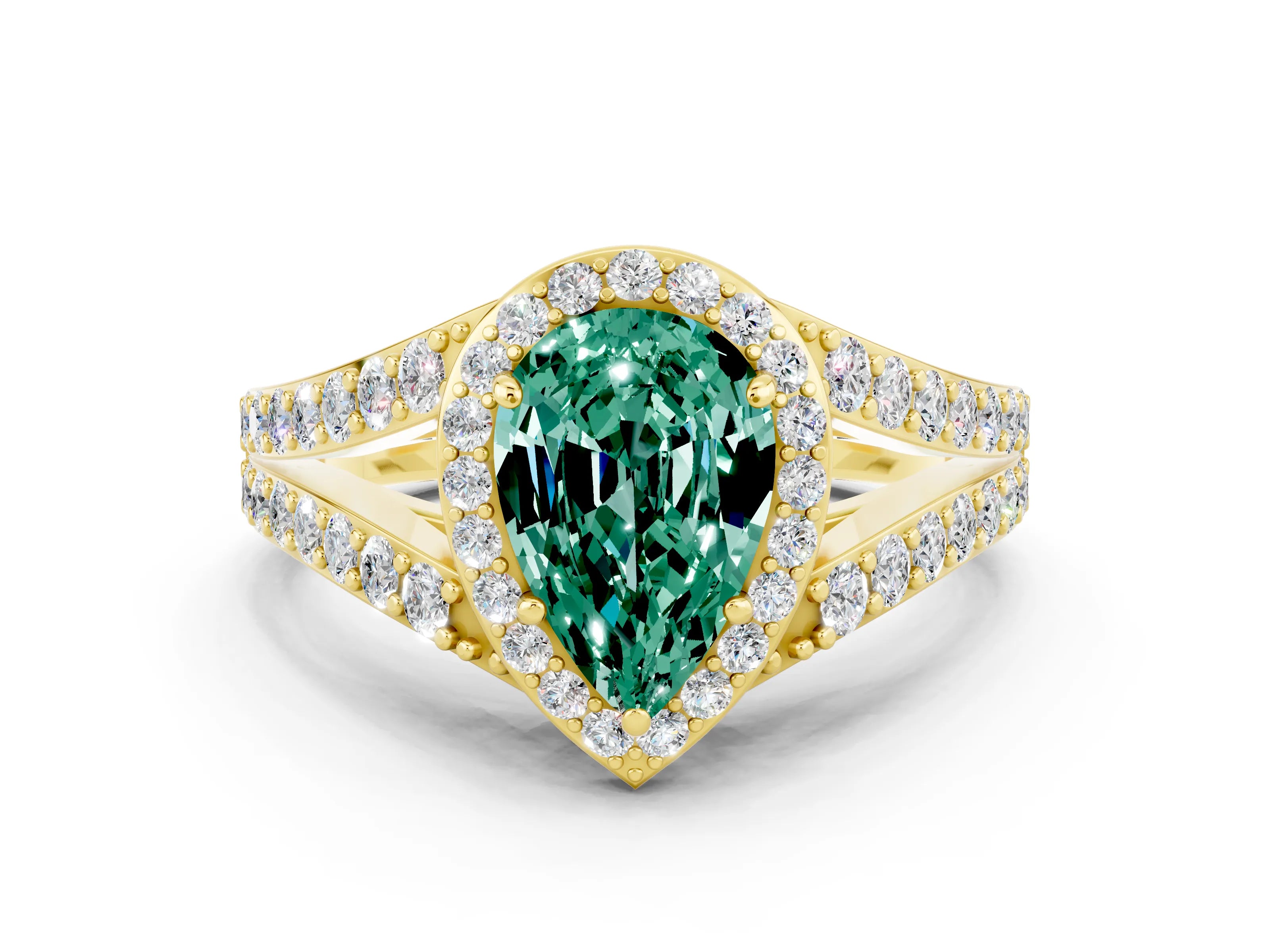 Yellow gold Pear Cut Green Sapphire Split Shank Halo Ring with Four-Prong Setting_12