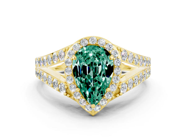 Yellow gold Pear Cut Green Sapphire Split Shank Halo Ring with Four-Prong Setting