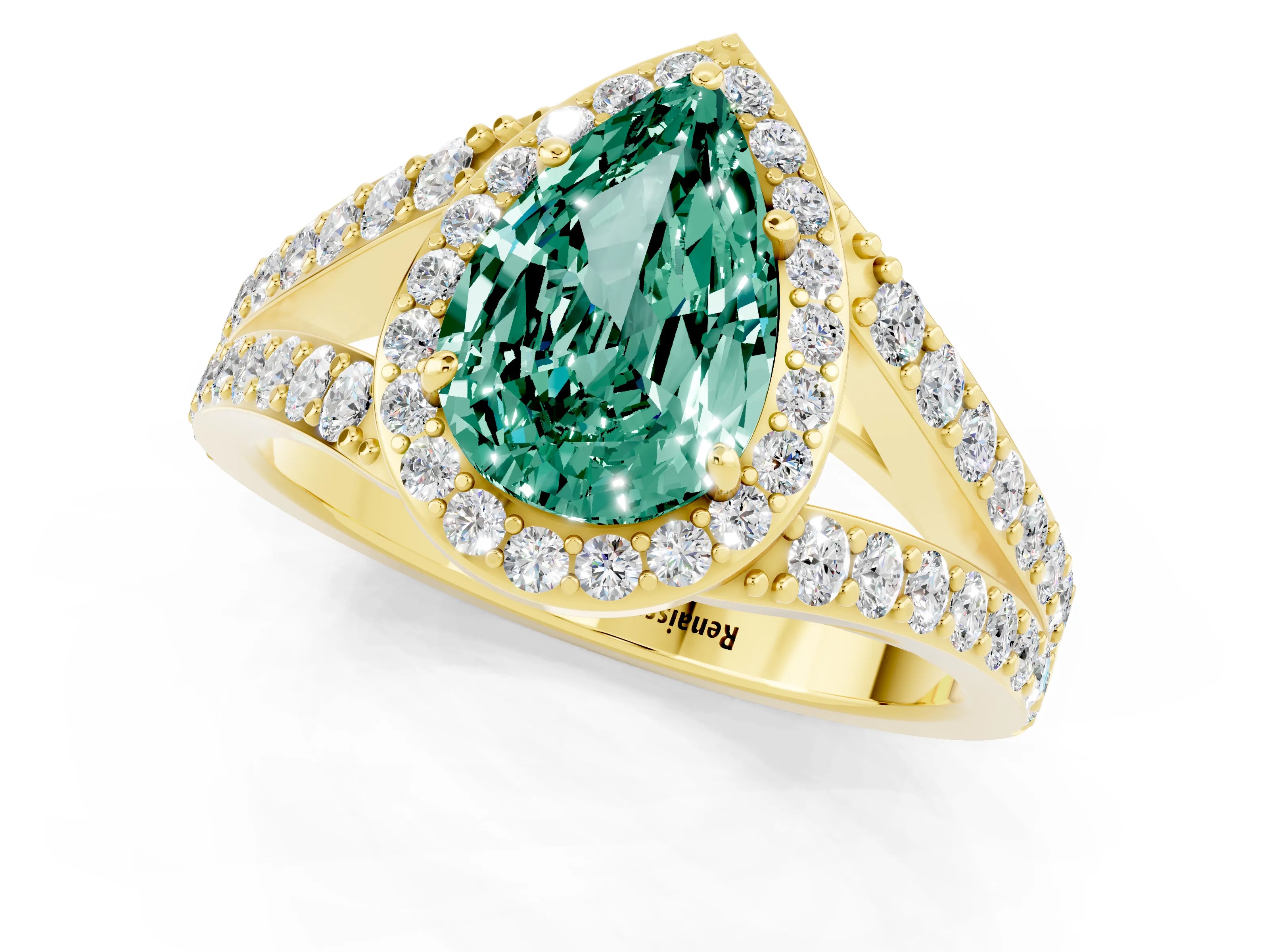 Yellow gold Pear Cut Green Sapphire Split Shank Halo Ring with Four-Prong Setting_13