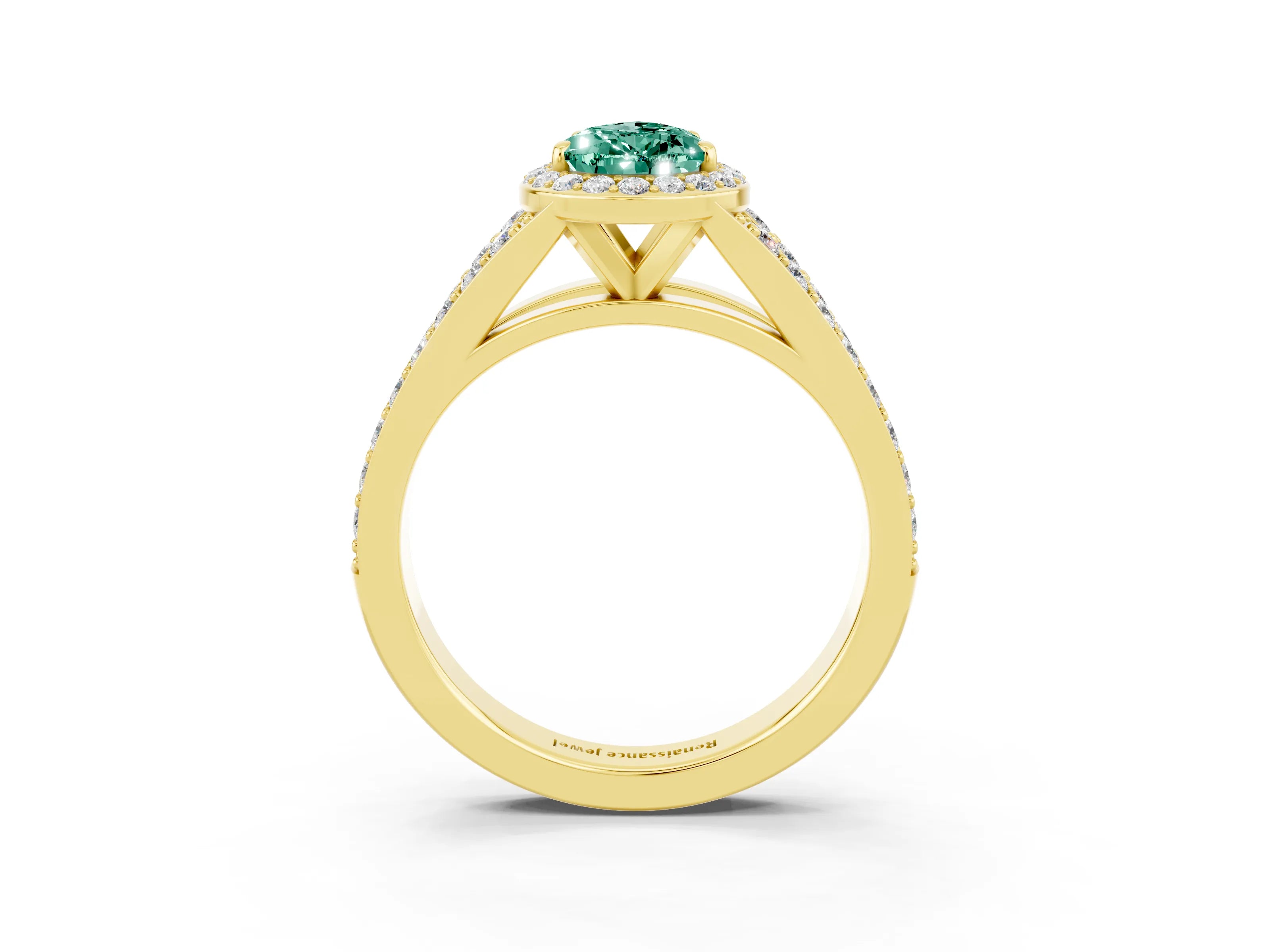 Yellow gold Pear Cut Green Sapphire Split Shank Halo Ring with Four-Prong Setting_15
