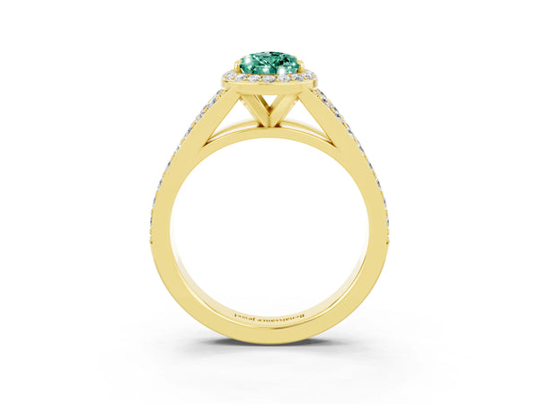 Yellow gold Pear Cut Green Sapphire Split Shank Halo Ring with Four-Prong Setting
