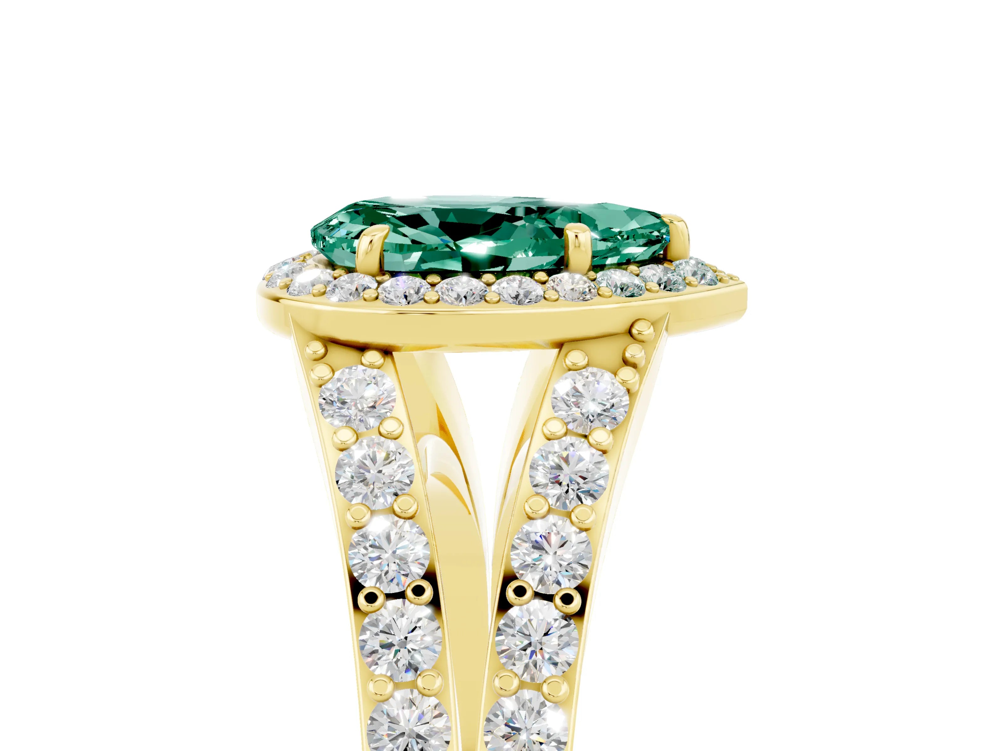 Yellow gold Pear Cut Green Sapphire Split Shank Halo Ring with Four-Prong Setting_17