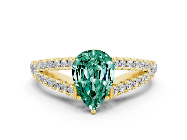 Yellow gold Pear Cut Green Sapphire Split Shank Pavé Engagement Ring with Four-Prong Setting