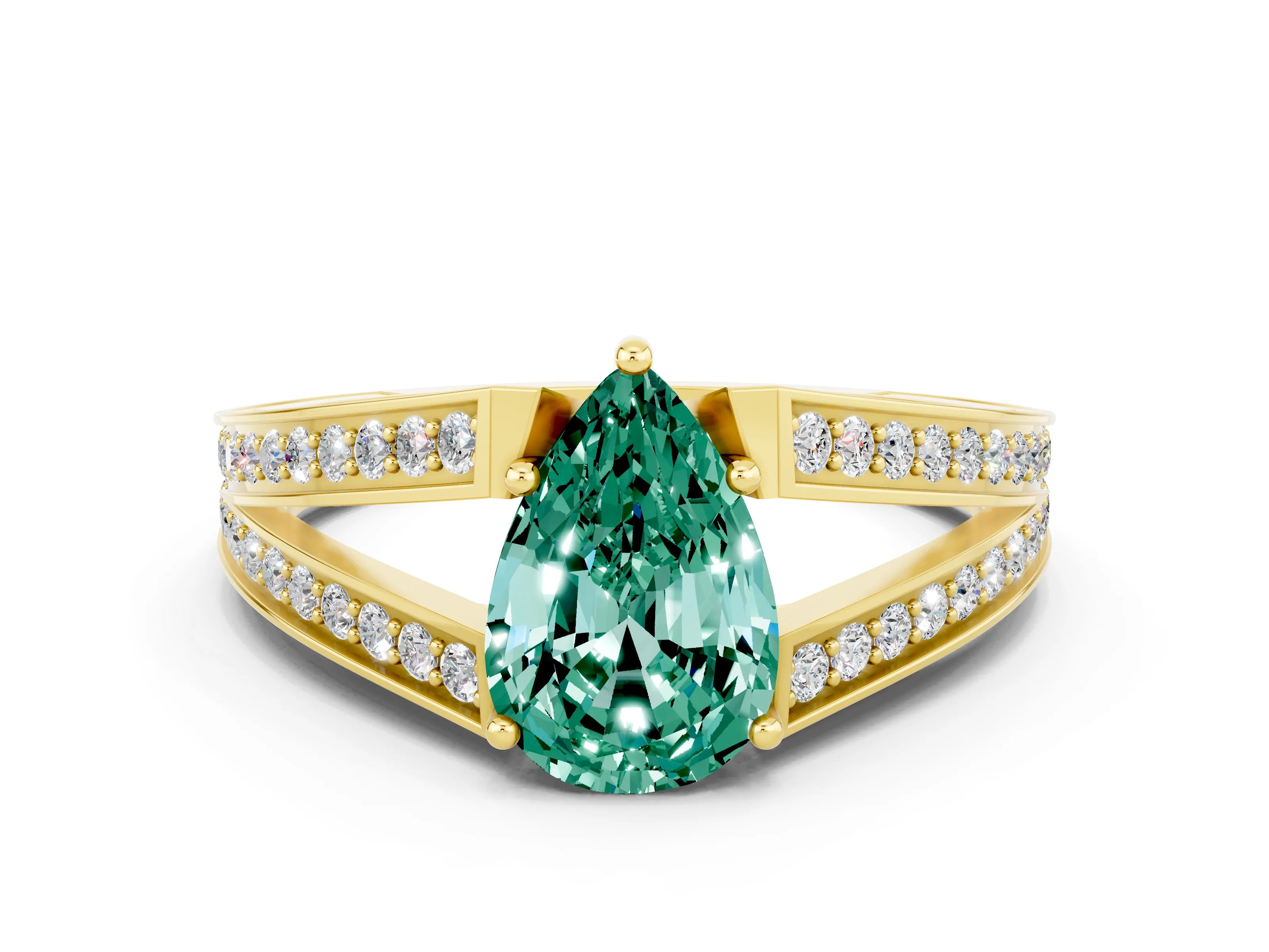 Yellow gold Pear Cut Green Sapphire Split Shank Ring with Pavé Band and Four-Prong Setting