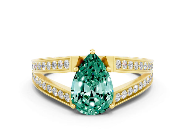 Yellow gold Pear Cut Green Sapphire Split Shank Ring with Pavé Band and Four-Prong Setting