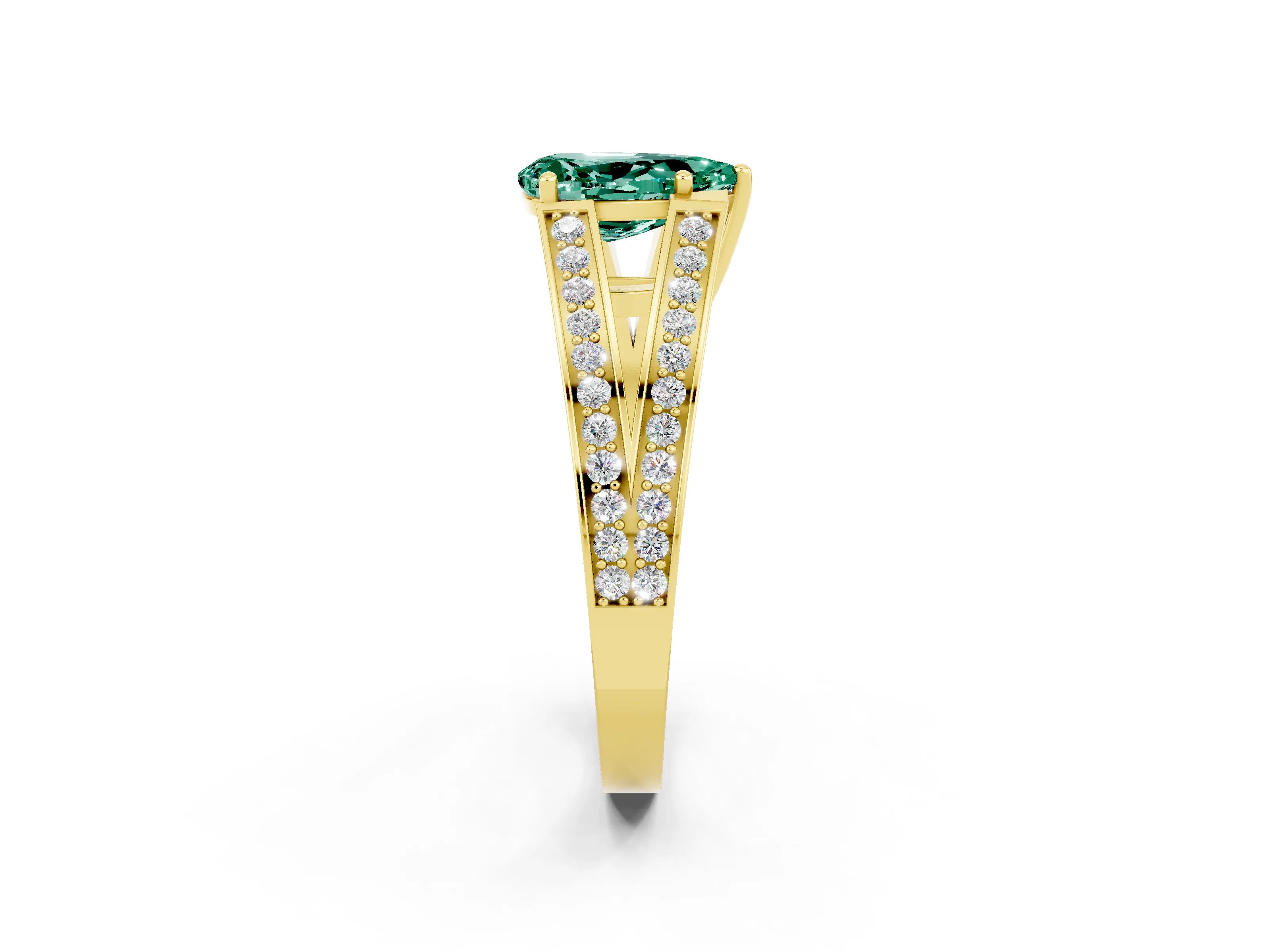 Yellow gold Pear Cut Green Sapphire Split Shank Ring with Pavé Band and Four-Prong Setting_2