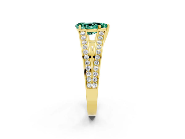 Yellow gold Pear Cut Green Sapphire Split Shank Ring with Pavé Band and Four-Prong Setting