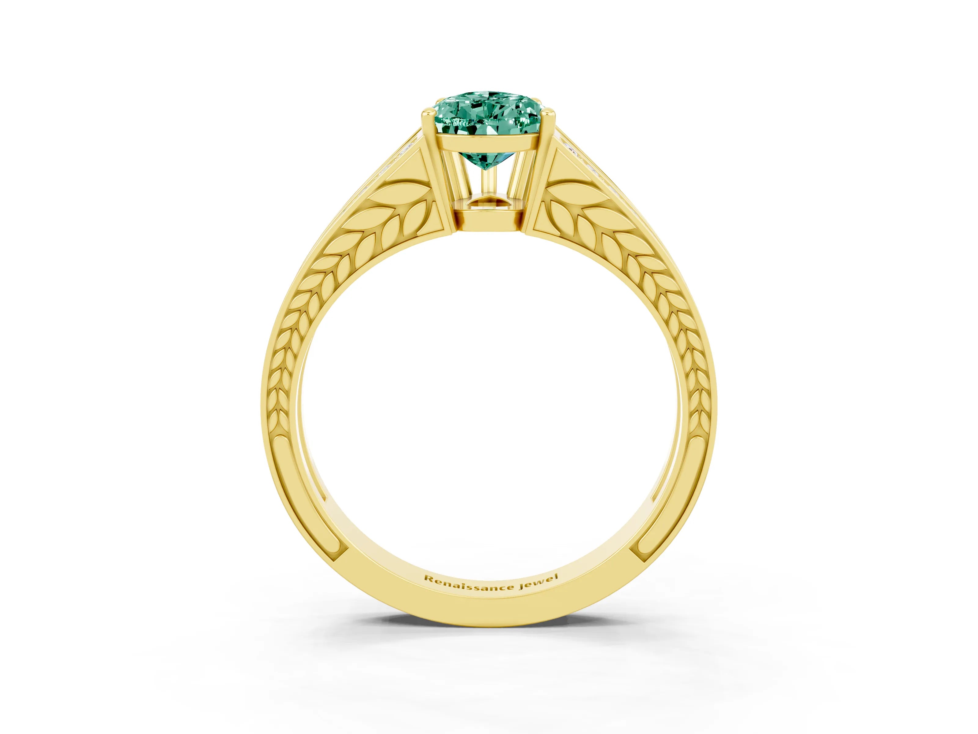 Yellow gold Pear Cut Green Sapphire Split Shank Ring with Pavé Band and Four-Prong Setting_3