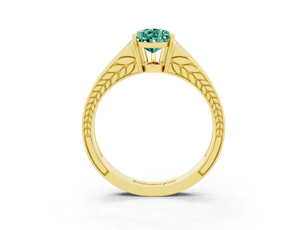 Yellow gold Pear Cut Green Sapphire Split Shank Ring with Pavé Band and Four-Prong Setting