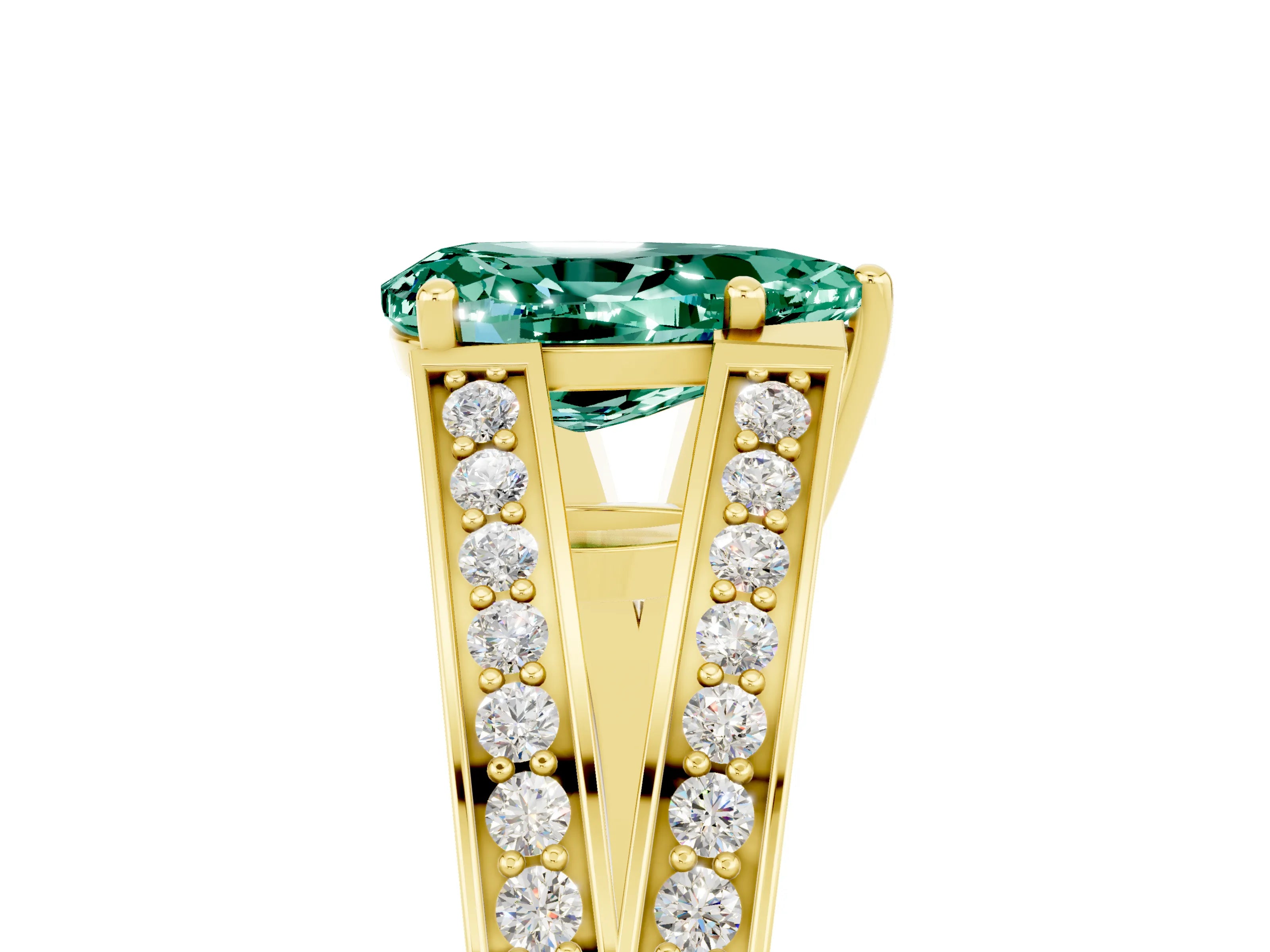 Yellow gold Pear Cut Green Sapphire Split Shank Ring with Pavé Band and Four-Prong Setting_5