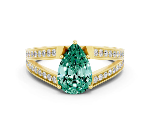 Yellow gold Pear Cut Green Sapphire Split Shank Ring with Pavé Band and Four-Prong Setting