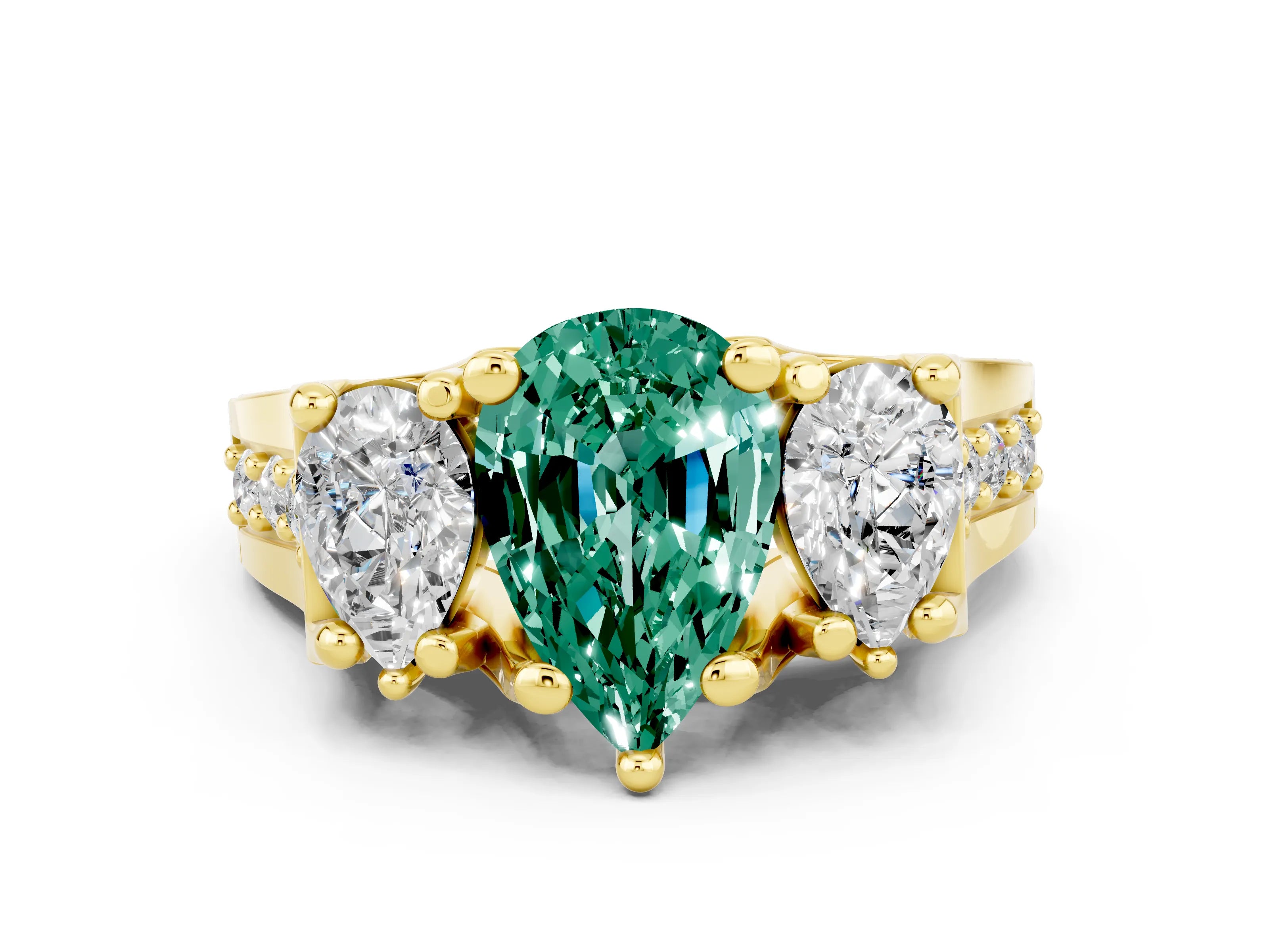 Yellow gold Pear Cut Green Sapphire Three-Stone Ring with Channel Set Band and Four-Prong Setting