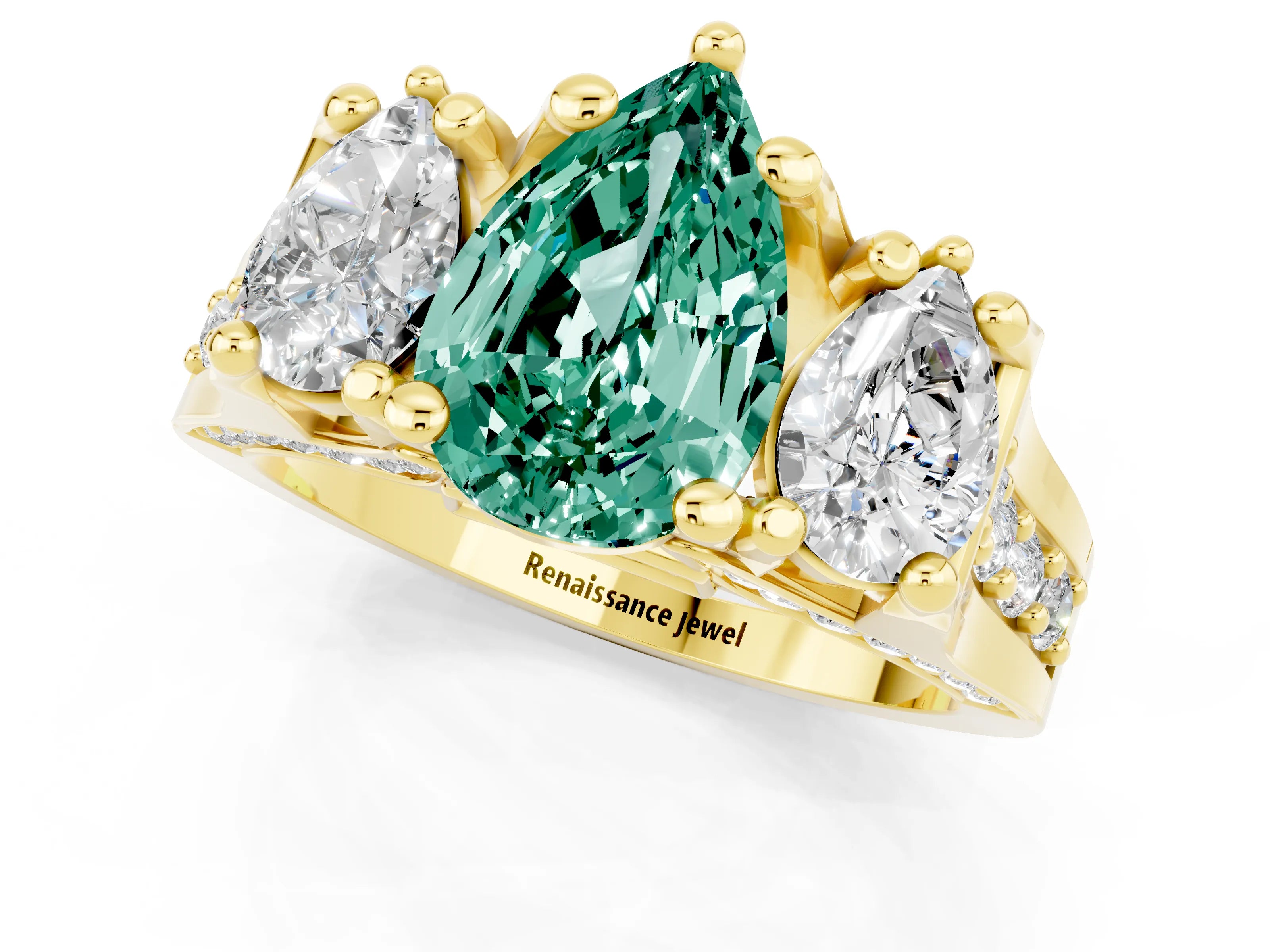 Yellow gold Pear Cut Green Sapphire Three-Stone Ring with Channel Set Band and Four-Prong Setting_1