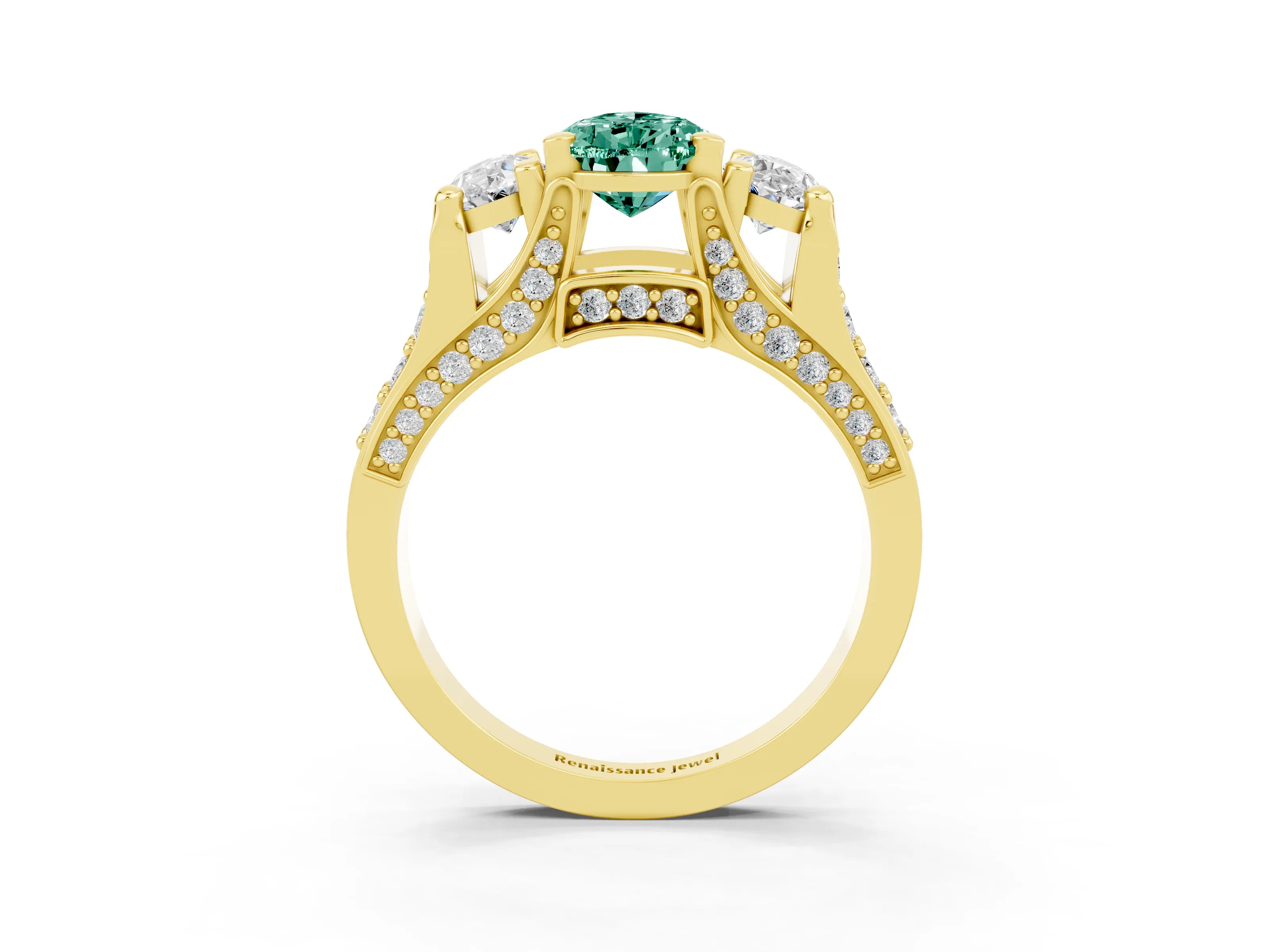 Yellow gold Pear Cut Green Sapphire Three-Stone Ring with Channel Set Band and Four-Prong Setting_3