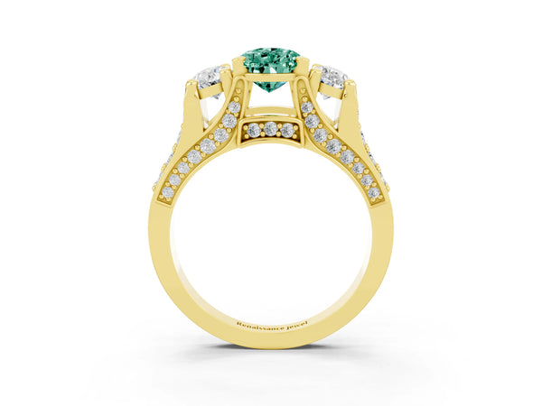 Yellow gold Pear Cut Green Sapphire Three-Stone Ring with Channel Set Band and Four-Prong Setting