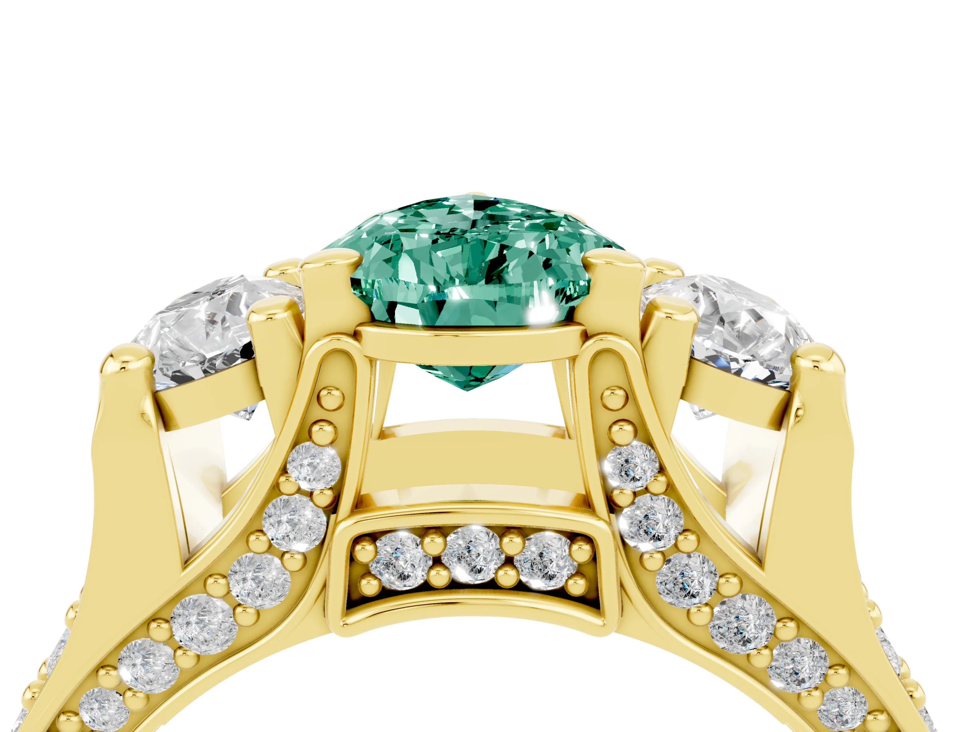 Yellow gold Pear Cut Green Sapphire Three-Stone Ring with Channel Set Band and Four-Prong Setting_4