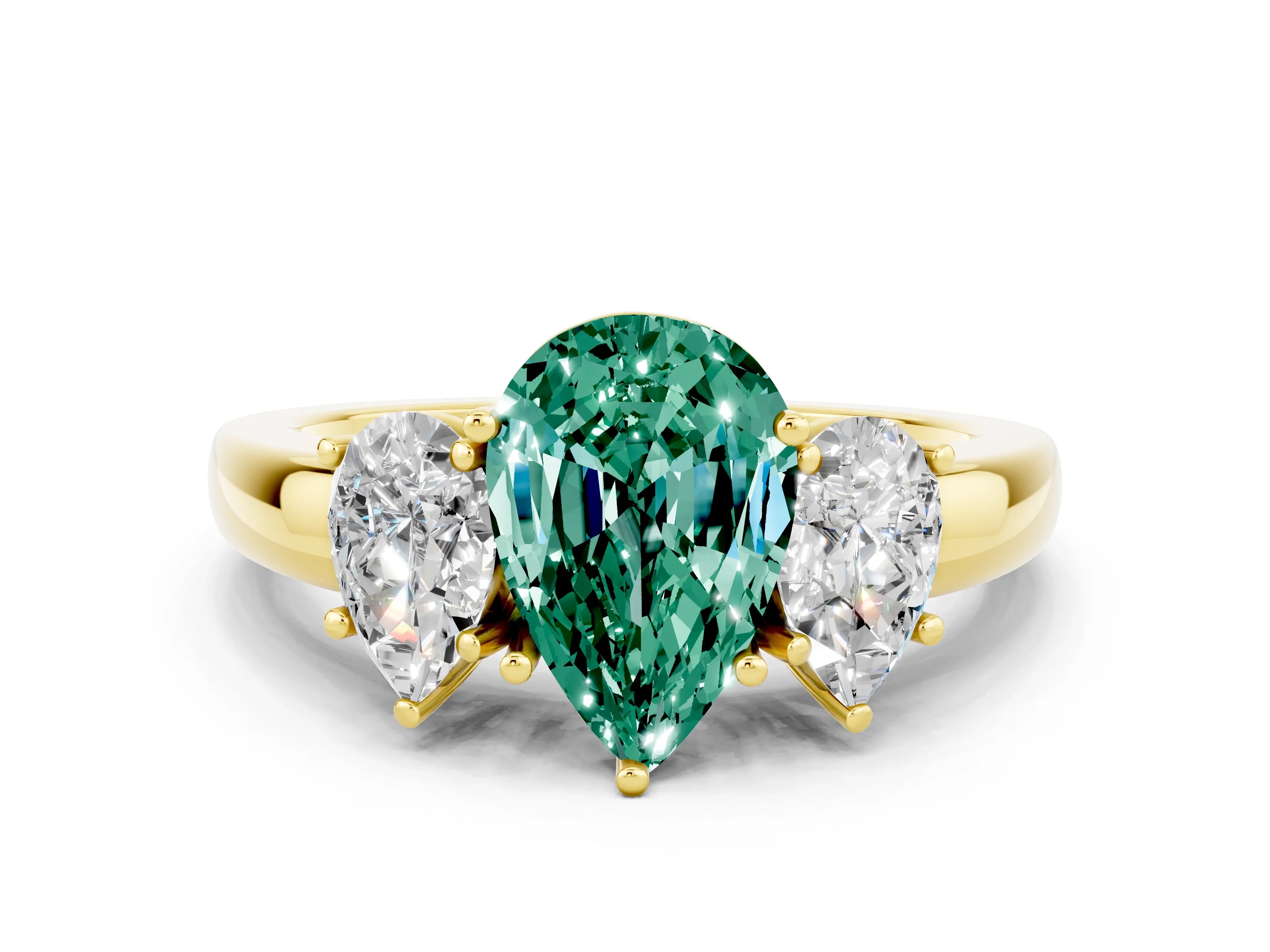 Yellow gold Pear Cut Green Sapphire Three-Stone Ring with Four-Prong Setting and Classic Band