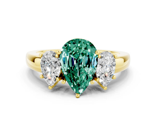 Yellow gold Pear Cut Green Sapphire Three-Stone Ring with Four-Prong Setting and Classic Band