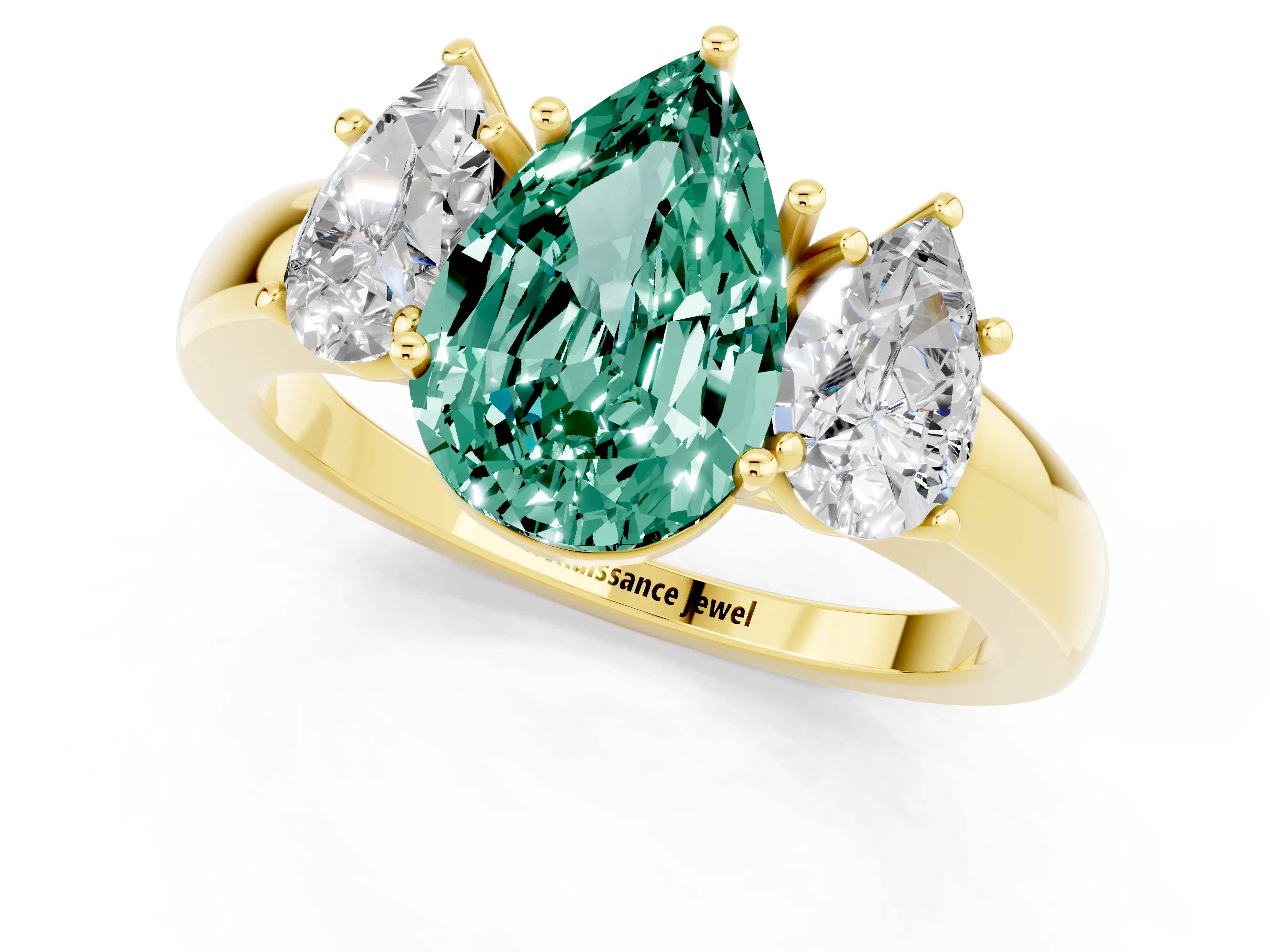 Yellow gold Pear Cut Green Sapphire Three-Stone Ring with Four-Prong Setting and Classic Band_1