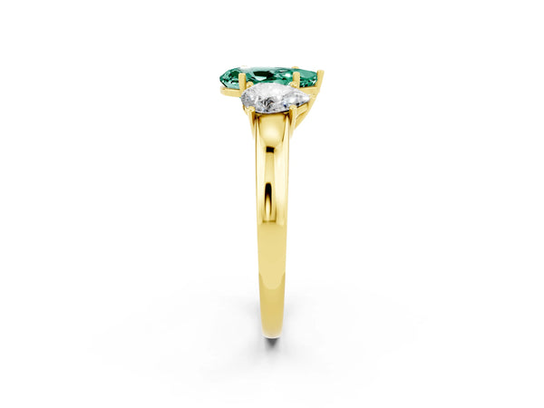 Yellow gold Pear Cut Green Sapphire Three-Stone Ring with Four-Prong Setting and Classic Band