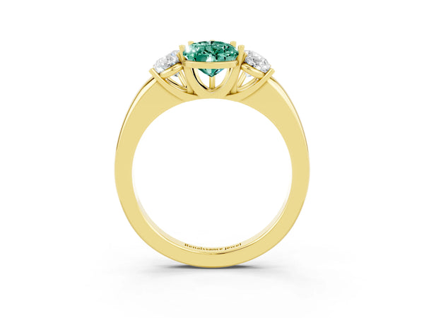 Yellow gold Pear Cut Green Sapphire Three-Stone Ring with Four-Prong Setting and Classic Band