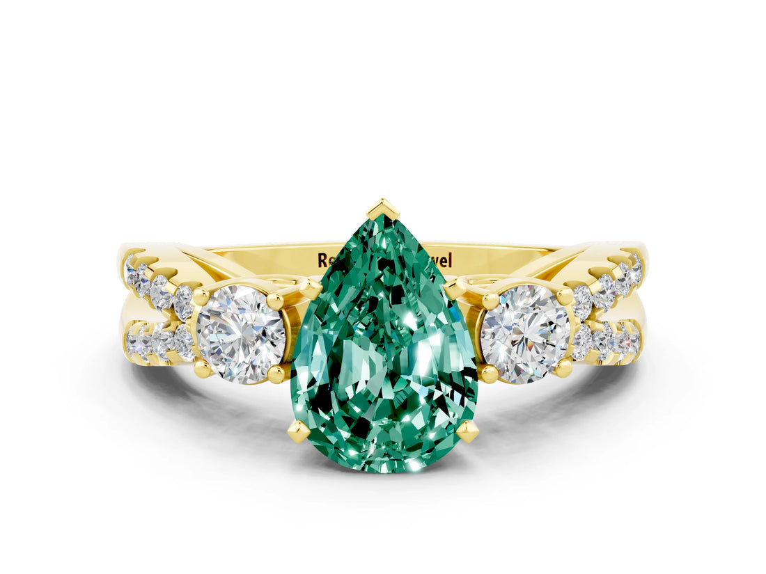 Yellow gold Pear Cut Green Sapphire Three-Stone Ring with Pavé Split Shank and Four-Prong Setting_12