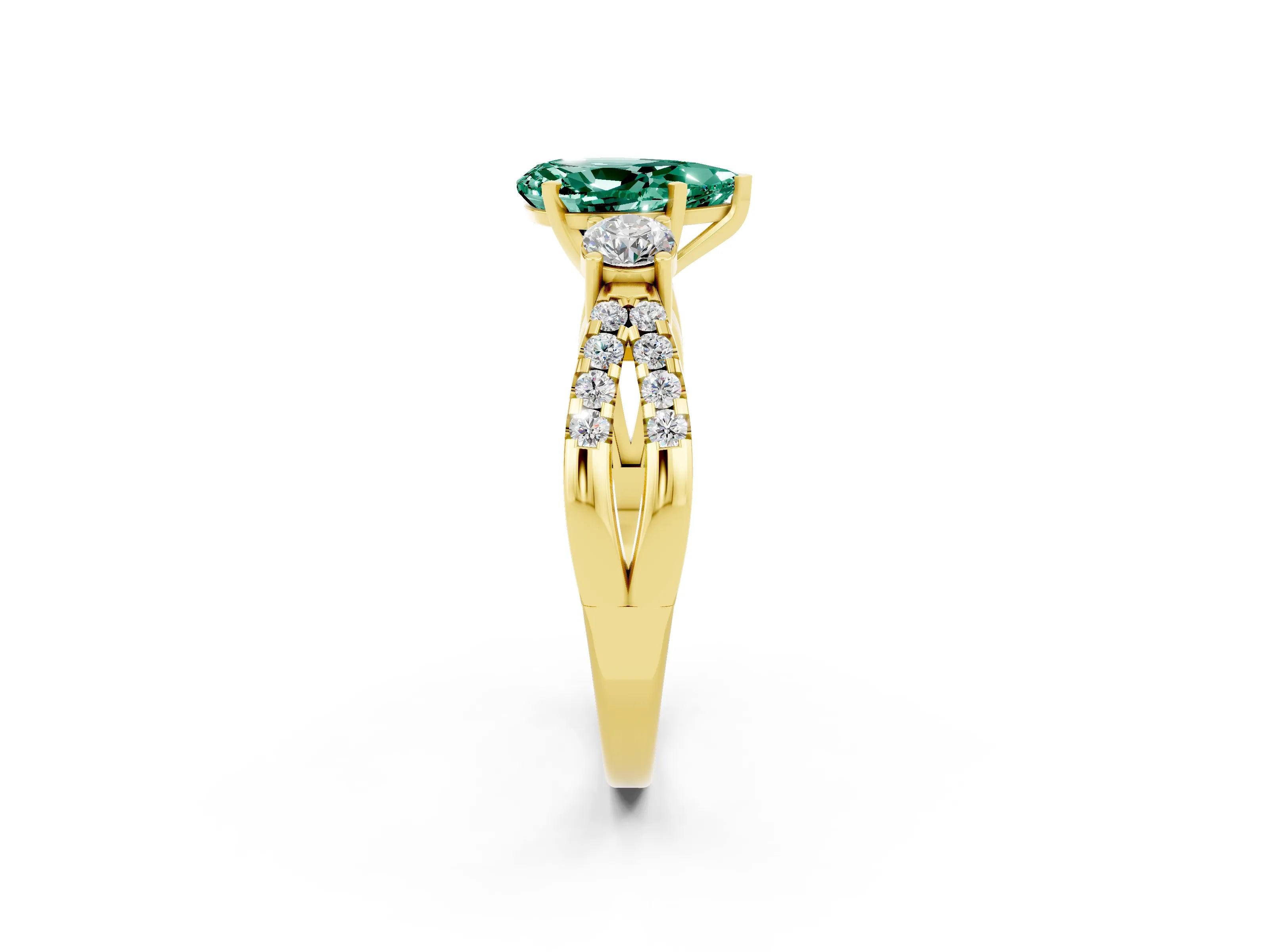 Yellow gold Pear Cut Green Sapphire Three-Stone Ring with Pavé Split Shank and Four-Prong Setting_14