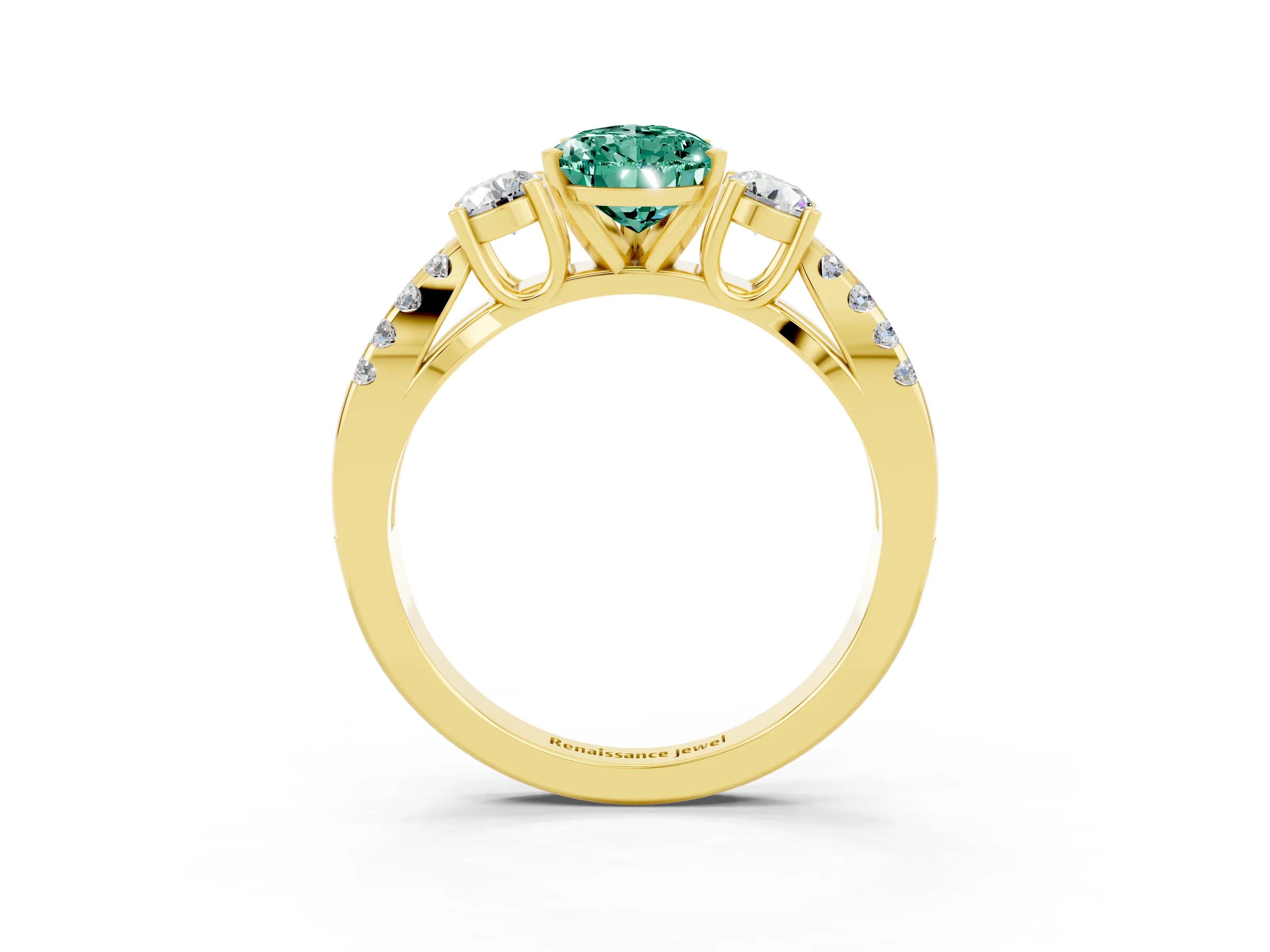 Yellow gold Pear Cut Green Sapphire Three-Stone Ring with Pavé Split Shank and Four-Prong Setting_15