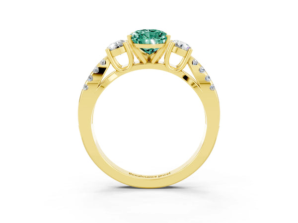 Yellow gold Pear Cut Green Sapphire Three-Stone Ring with Pavé Split Shank and Four-Prong Setting
