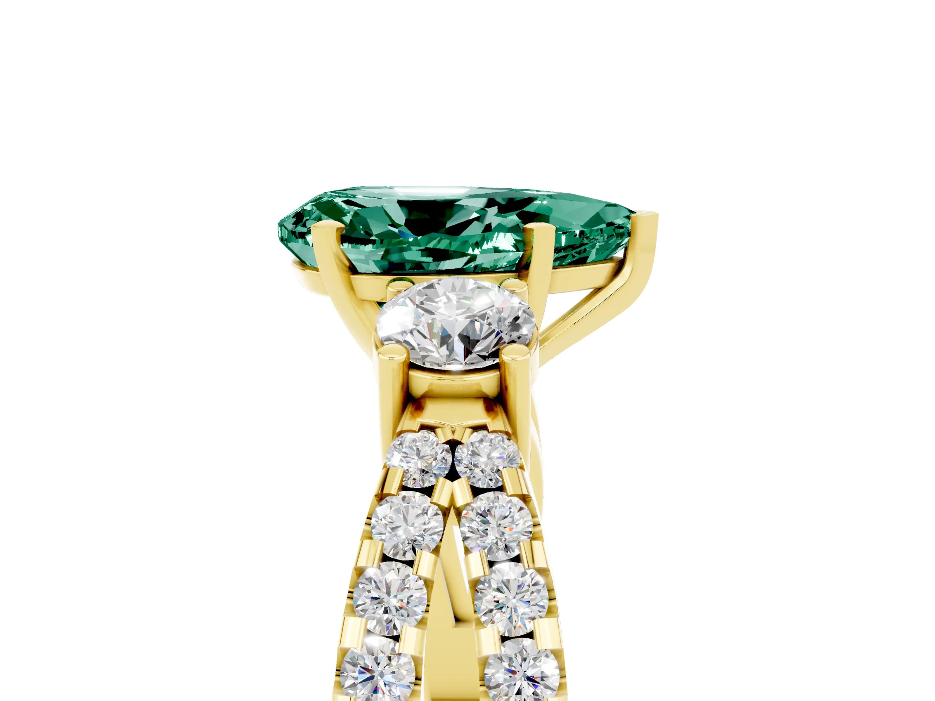 Yellow gold Pear Cut Green Sapphire Three-Stone Ring with Pavé Split Shank and Four-Prong Setting_17