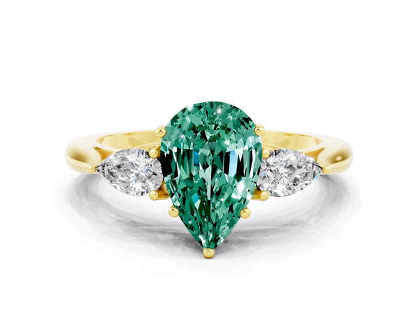 Yellow gold Pear Cut Green Sapphire Three-Stone Ring with Pear  Side Stones and Prong Setting