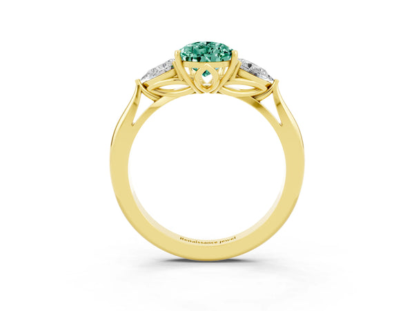 Yellow gold Pear Cut Green Sapphire Three-Stone Ring with Pear  Side Stones and Prong Setting