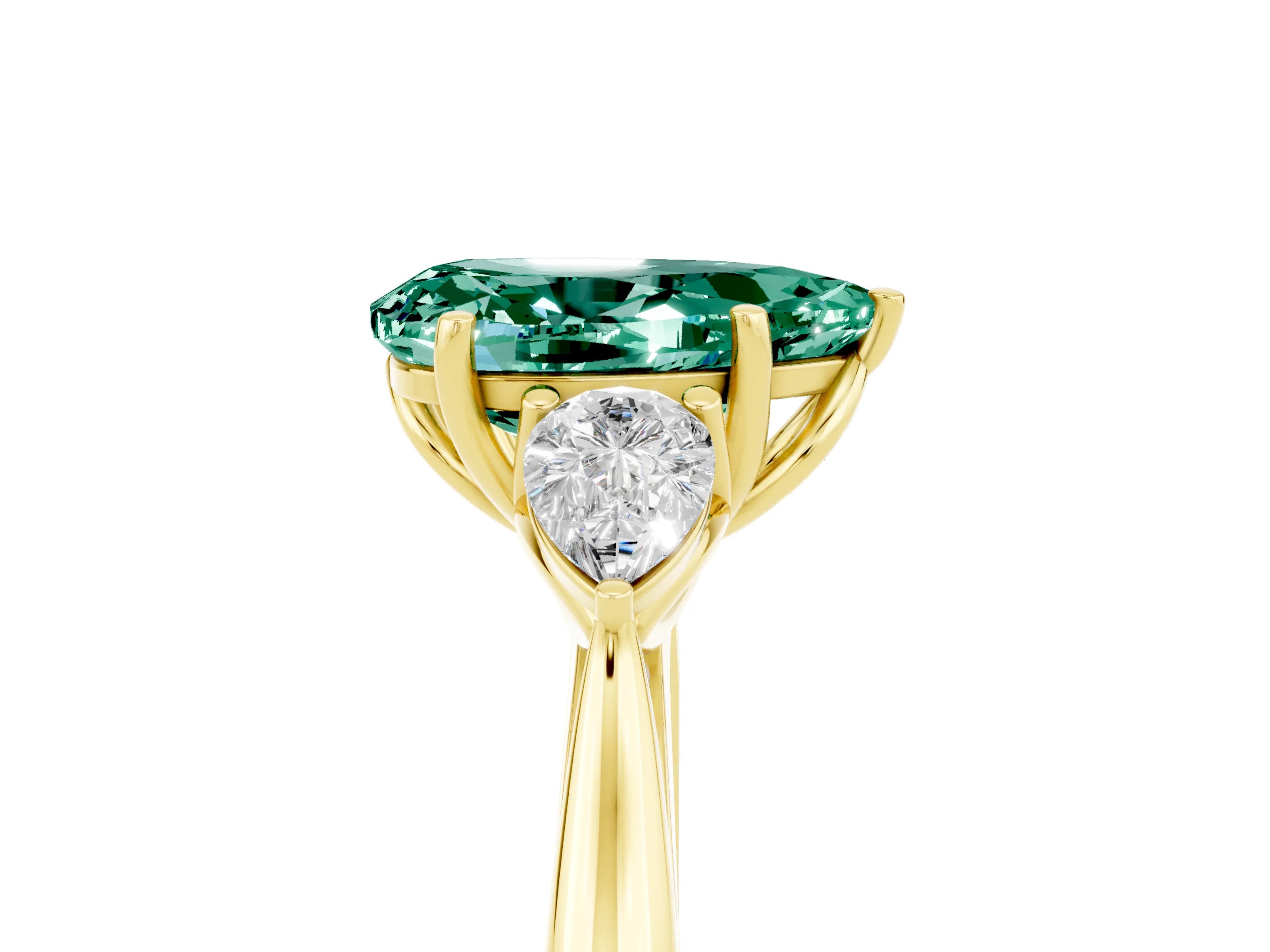 Yellow gold Pear Cut Green Sapphire Three-Stone Ring with Pear Side Stones and Four-Prong Setting_29
