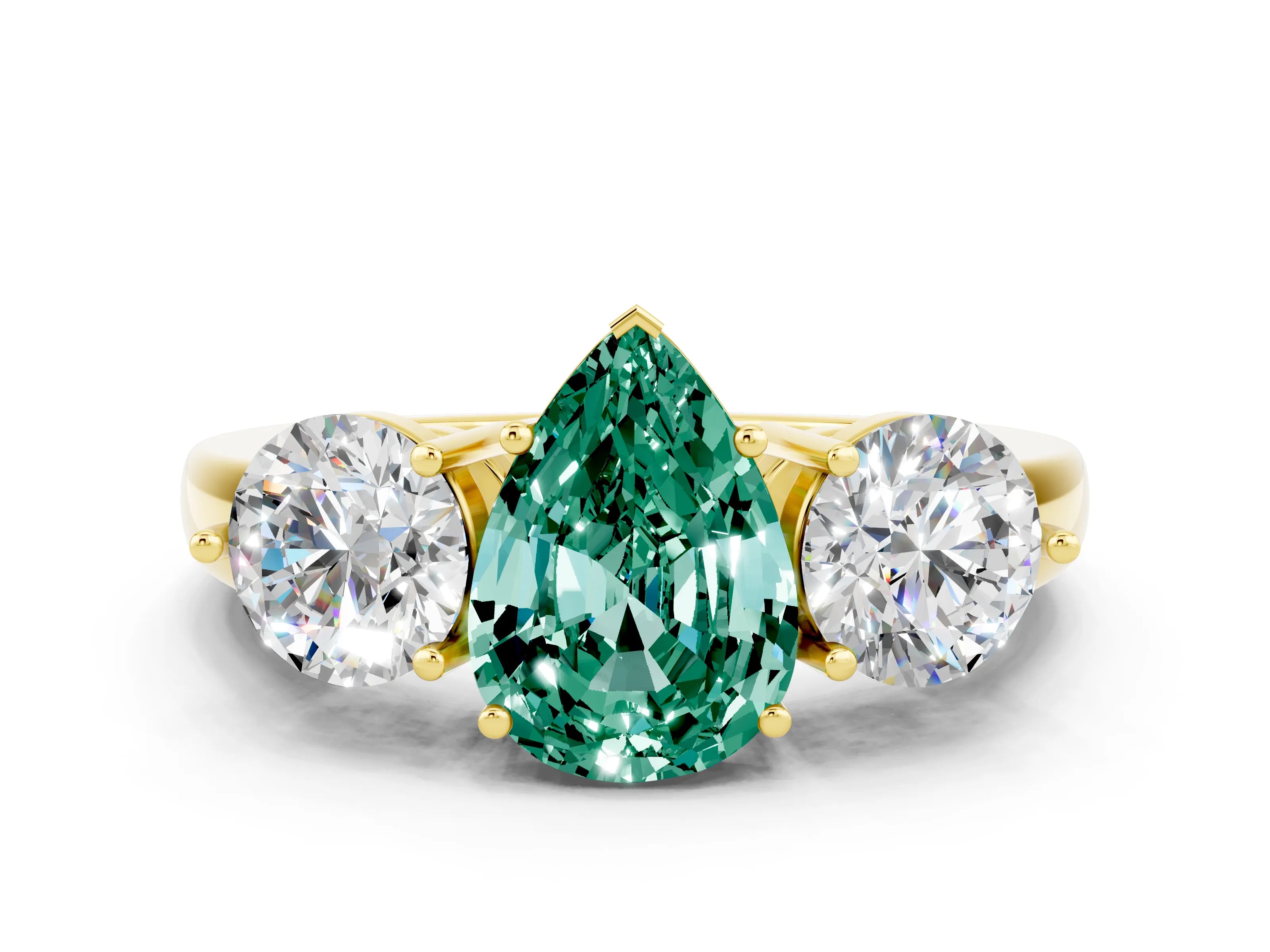 Yellow gold Pear Cut Green Sapphire Three-Stone Ring with Prong Setting and Classic Band
