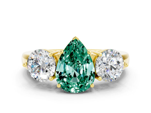 Yellow gold Pear Cut Green Sapphire Three-Stone Ring with Prong Setting and Classic Band