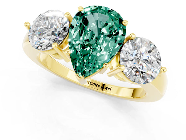 Yellow gold Pear Cut Green Sapphire Three-Stone Ring with Prong Setting and Classic Band