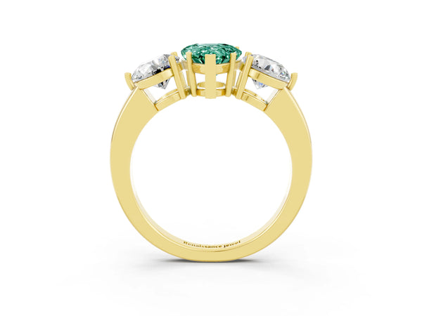 Yellow gold Pear Cut Green Sapphire Three-Stone Ring with Prong Setting and Classic Band