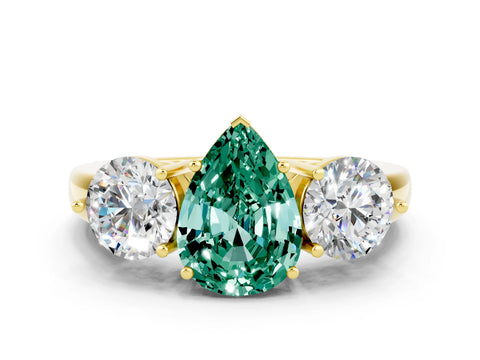 Yellow gold Pear Cut Green Sapphire Three-Stone Ring with Prong Setting and Classic Band
