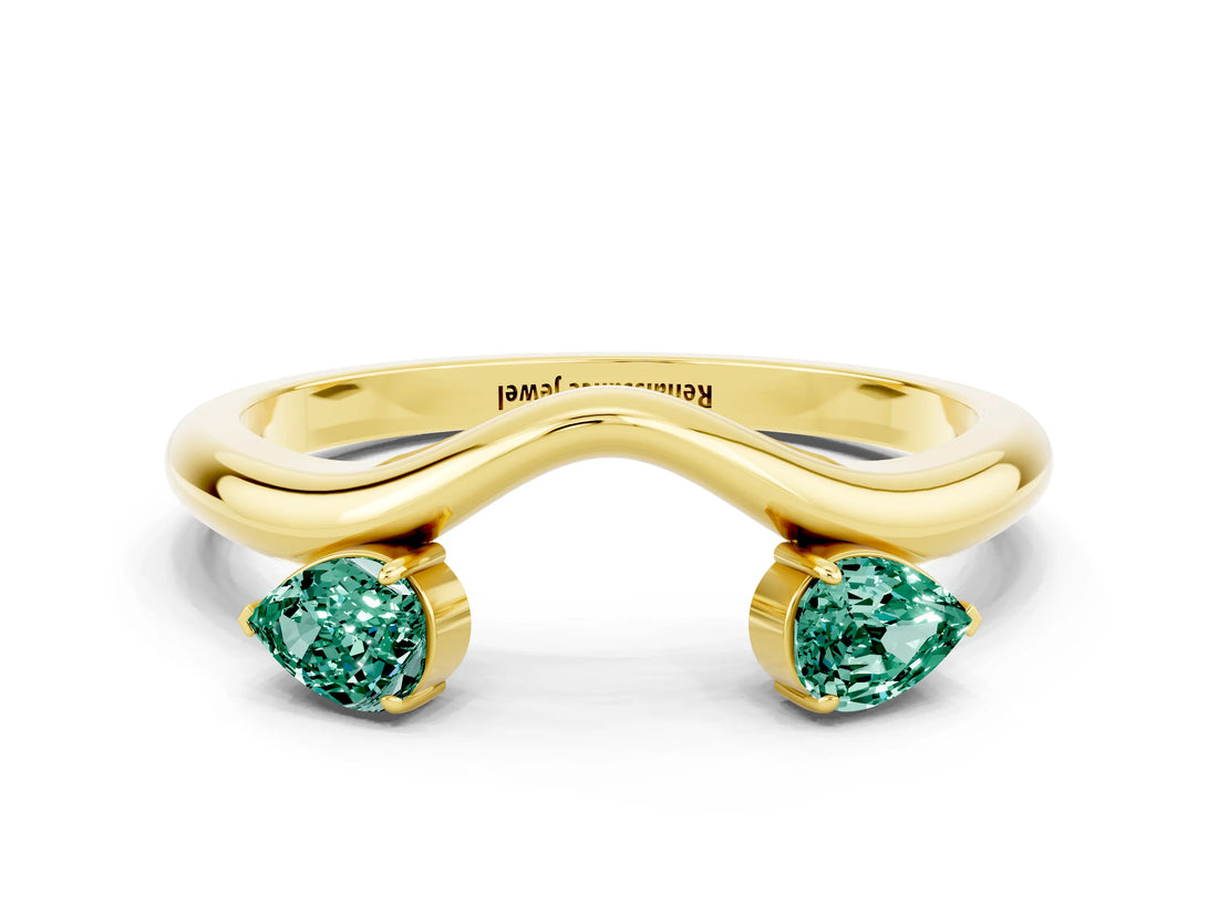 Yellow gold Pear Cut Green Sapphire Two-Stone Open Band Ring with Prong Setting_6