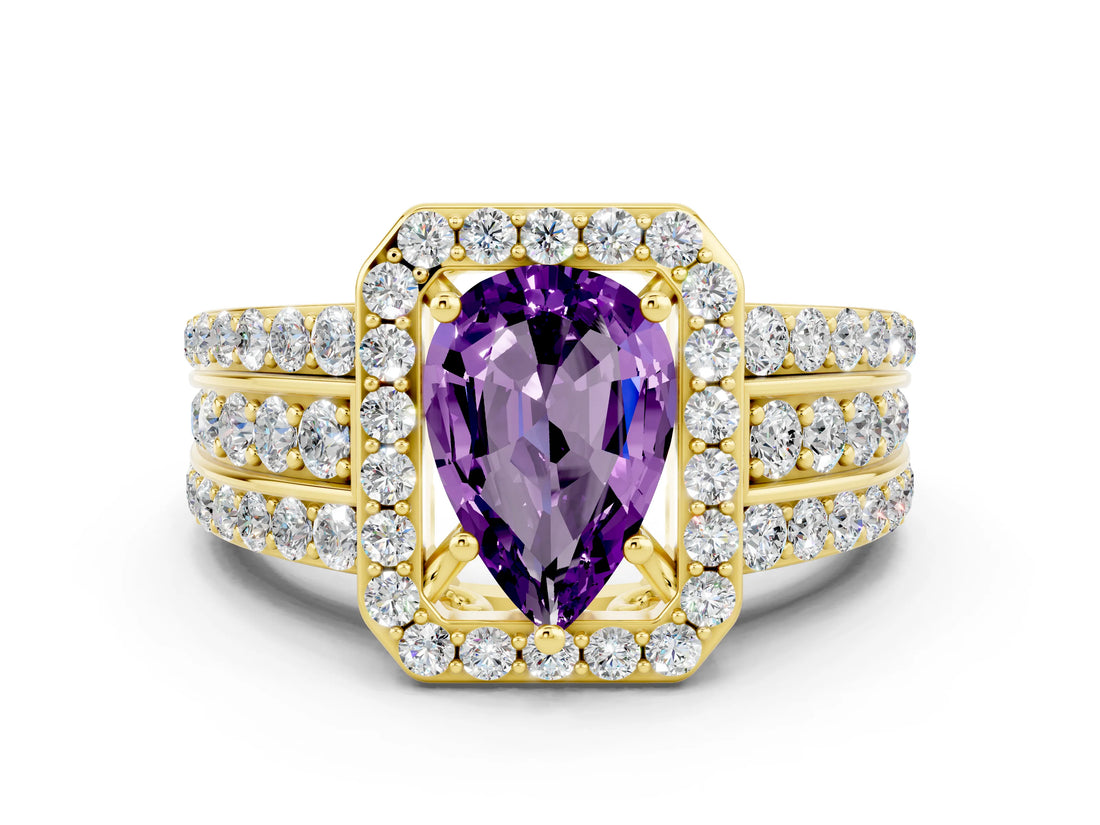 Yellow gold Pear Cut Halo Amethyst Ring with Split Shank and Four-Prong Setting