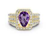 Yellow gold Pear Cut Halo Amethyst Ring with Split Shank and Four-Prong Setting